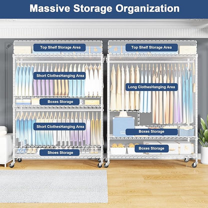 ULIFHOME P8C Max Heavy Duty Clothes Rack（With Extended Width Design） Rolling Clothing Racks for Hanging Clothes with Lockable Wheels，51.2" W x 15.8" D x 80.5" H，Load 800LBS，White Rack with Grey Cover