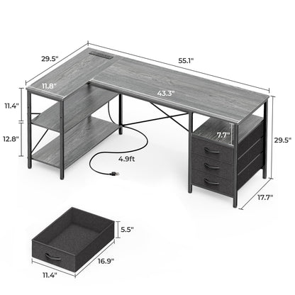 Huuger L Shaped Office Desk with Power Outlets, 55 Inch Computer Desk with 3 Drawers, Shelves, Reverisble for Gaming Corner Work Home Office Study, Grey