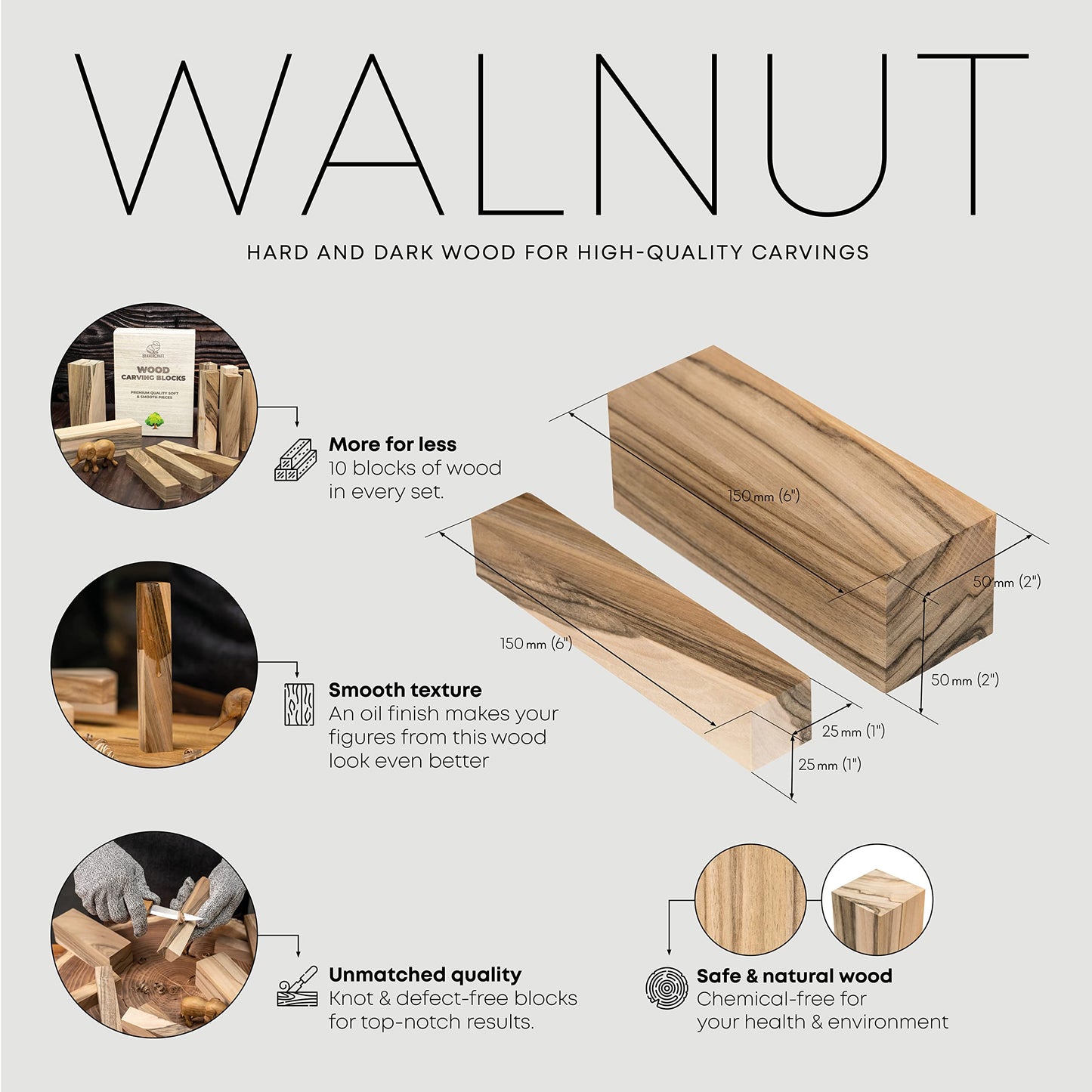 BeaverCraft Walnut Wood for Carving BW10 pcs Wooden Blocks for Whittling and Crafts - Wood Carving Blocks for Creative Projects