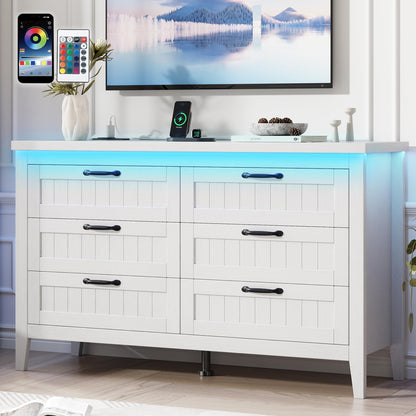 GAOMON 6 Drawer Dresser for Bedroom with Charging Station & LED Lights, Wide Dressers & Chests of Drawers, Wooden Storage Organizer for Living Room Closet Entryway, Easy Assembly, White
