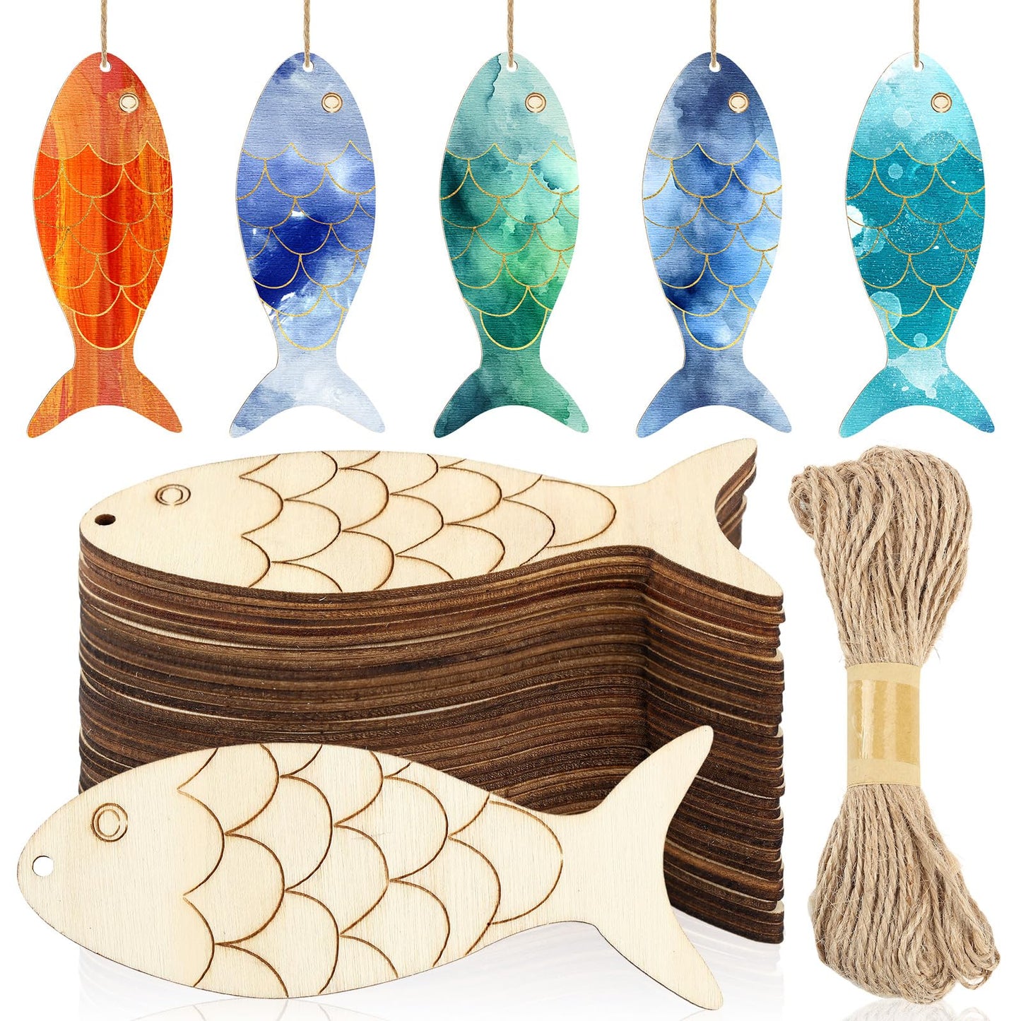 Gerrii 72 Pieces Wood Fish Cutouts Unfinished Wooden Cutouts with Holes Blank Wooden Hanging Ornaments Slices with Twine for DIY Crafts Party Decorations