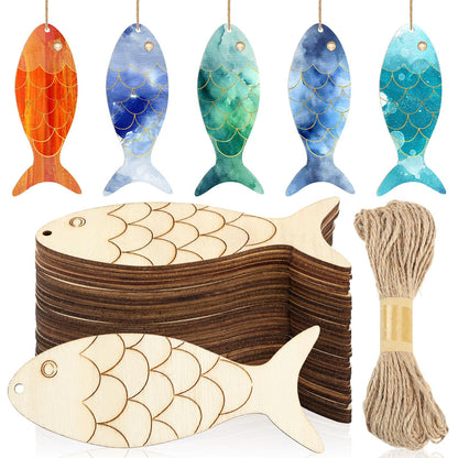 Gerrii 72 Pieces Wood Fish Cutouts Unfinished Wooden Cutouts with Holes Blank Wooden Hanging Ornaments Slices with Twine for DIY Crafts Party Decorations