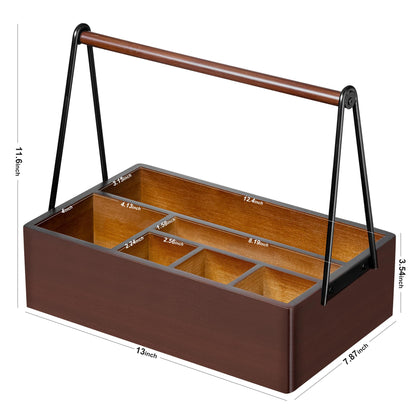 PTSTING Silverware Caddy with Handle Acacia Wood Utensil Holder Paper Plate Dispenser for Countertop Flatware Organizer Box for Spoons Forks Plates Cups Napkins