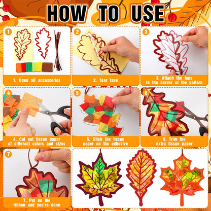 Motipuns 32 Sets Thanksgiving Day Maple Leaf Suncatchers Craft Kits DIY Fall Leaf Tissue Paper Crafts Stained Glass Effect Tissue Paper Kit for Autumn Halloween Window Art