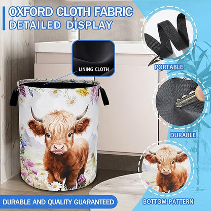 Highland Cow Laundry Basket Oxford Cloth Animal Flowers Laundry Hamper