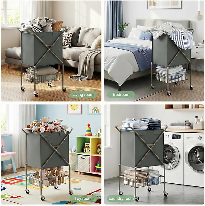 Laundry Basket with Wheels:88L Rolling Laundry Cart Foldable Metal Frame Dirty