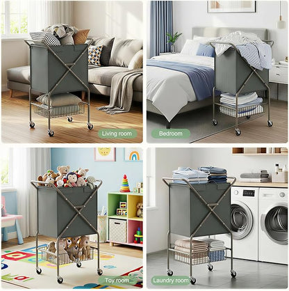 Laundry Basket with Wheels:88L Rolling Laundry Cart Foldable Metal Frame Dirty