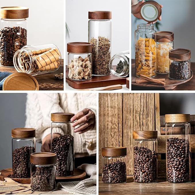 26 oz/850 ml Clear Glass Storage Canister with Airtight Wooden Lid, Small Overnight Oats Containers, Cute Decorative Salad Jar for Snacks Yogurt Spice Sugar Cereal Fruit Coffee Tea -4 Pack