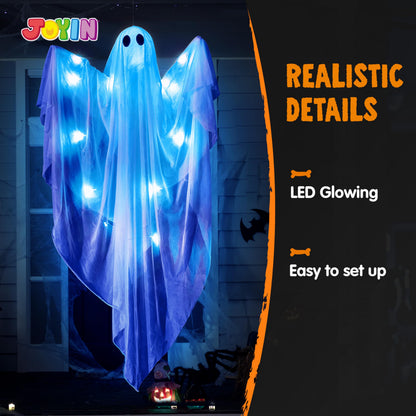 JOYIN Halloween Hanging Light up Ghost, 47” White Ghosts with Blue LED Light and Timer Halloween Hanging Decoration Waterproof for Front Yard Patio Lawn Garden Party Decor Indoor Outdoor