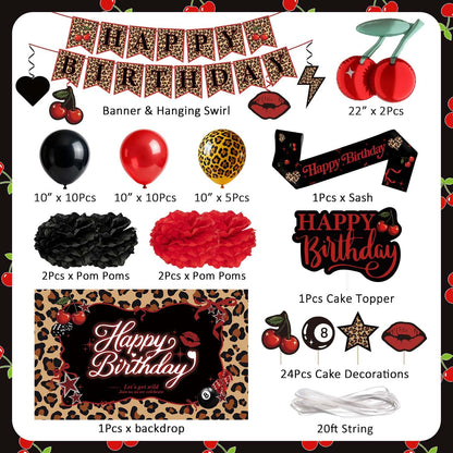 Cheetah Print Birthday Backdrop Decorations Kit, Black Red Cherry Leopard Print Balloons Birthday Banner Sash Hanging Swirls Pom Poms Cake Cupcake Topper for Girls Women