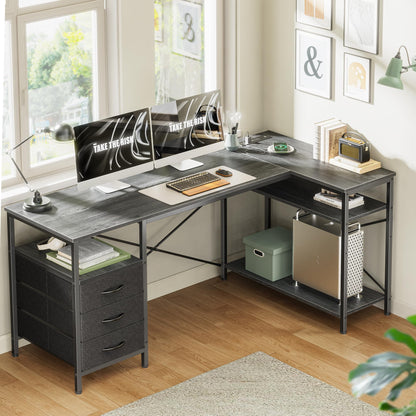 Huuger L Shaped Office Desk with Power Outlets, 55 Inch Computer Desk with 3 Drawers, Shelves, Reverisble for Gaming Corner Work Home Office Study, Grey