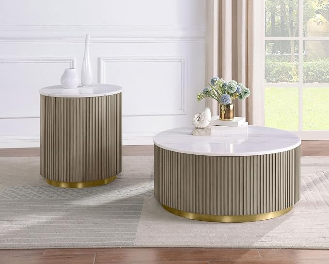 Coaster Home Furnishings - Jason - Wood and Metal - 2-Piece Coffee Table Set with Marble Tops, Reeded Drum Bases, and Gold Ring Accents - Living Room - Greige and White Marble - 711418-S2