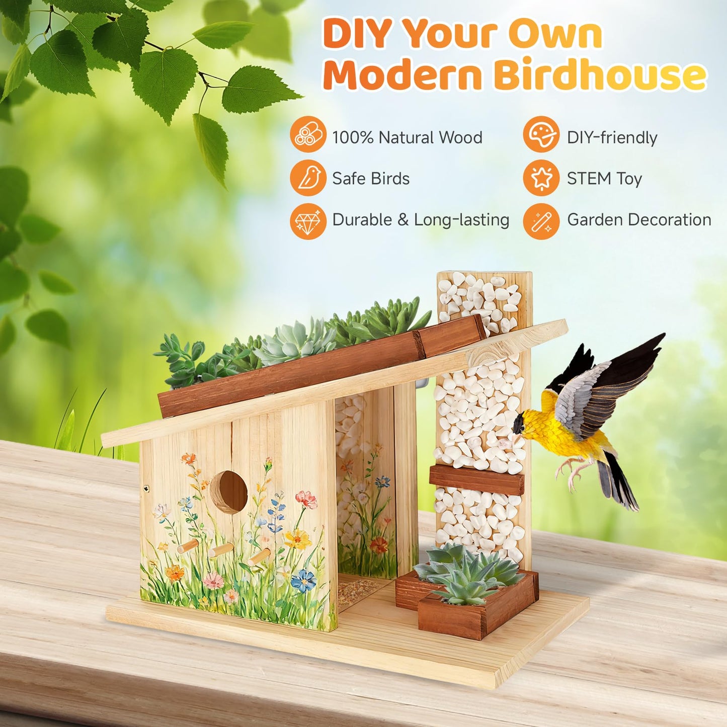 Pontuss Modern Birdhouse Woodworking Kit, Natural Cedar Wooden birdhouses for Outdoors with Paint Set, Creative DIY Birdhouse Gift, Build Your Own Bird House Kit