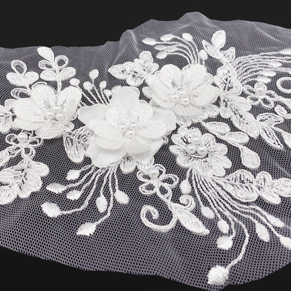 2Pcs Pearl Flower Embroidery Lace Patches 3D White Floral Embroidered Sew on Appliques for Wedding Dress Gown Headpiece Clothing Accessories Home Decoration Craft DIY