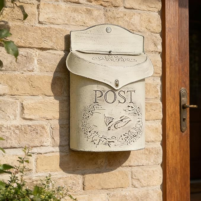 Wall Mount Mailbox for Outside, Metal Vintage Mail Box for Outdoor Decorative, Antique Style Nostalgic Charm Door Mailboxs for Home Garden House Farmhouse Porch Decor-White