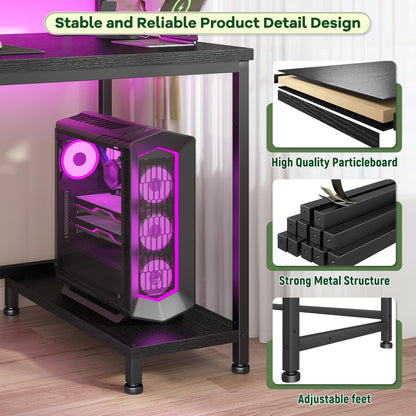 DurayLoly 39.3" Gaming Desk with Power Outlet and LED Lights,Computer Desk with Adjutable Monitor Stand and Drawer,Office Desk with CPU Stand for Home Work,Study and Gaming, Small Spaces,Black