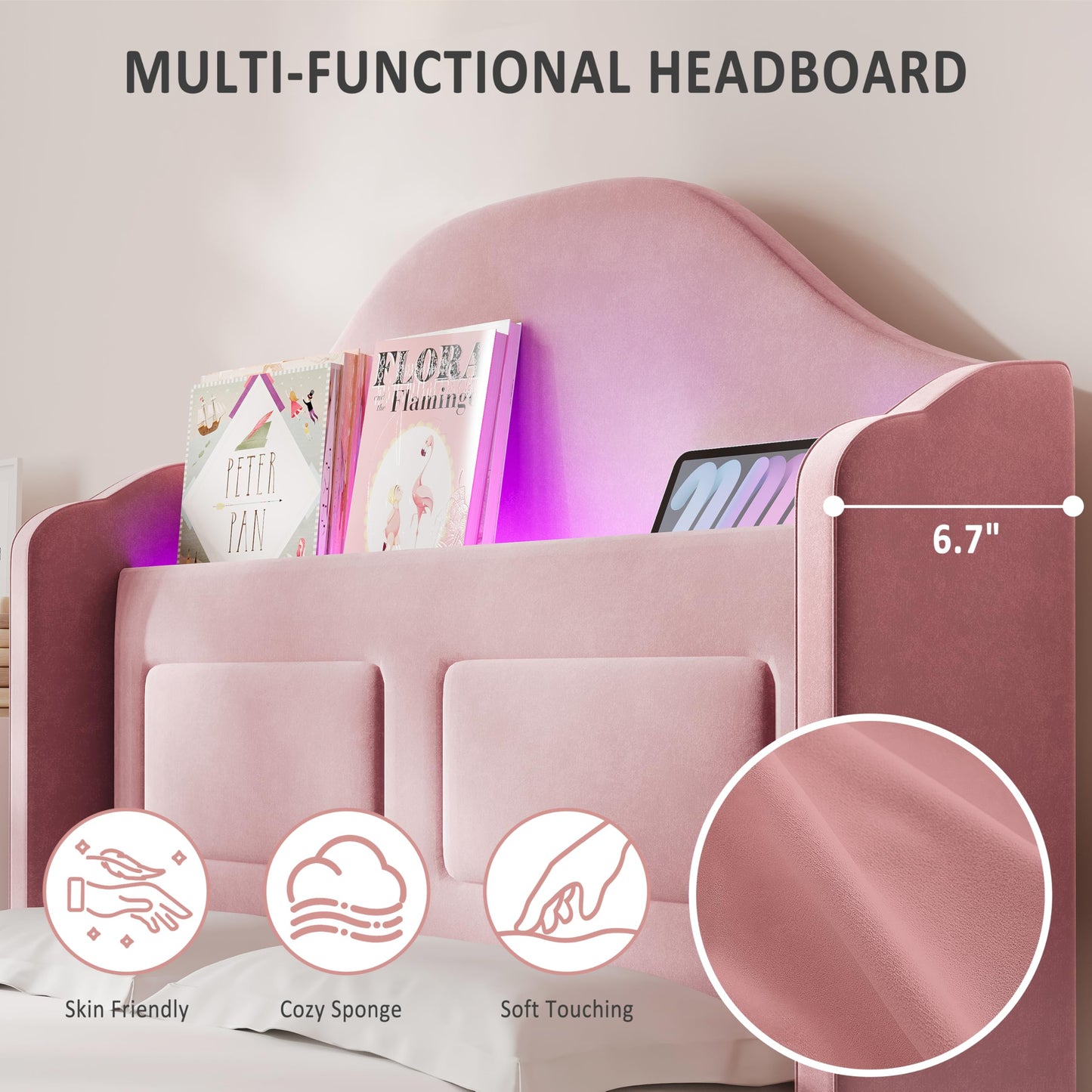 IDEALHOUSE Twin Bed Frames for Kids/Girls, Wingback Velvet Platform Bed with LED Lights for Princess, Upholstered Storage Headboard, Wooden Slats Support, No Box Spring Needed, Pink