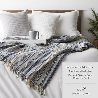 DII Buffalo Check Collection Rustic Farmhouse Throw Blanket with Tassles, 50x60, Navy/Off-White