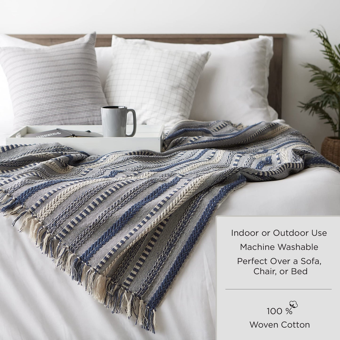 DII 100% Cotton Basket Weave Throw for Indoor/Outdoor Use Camping Bbq's Beaches Everyday Blanket, 50 x 60, Woven Stripe