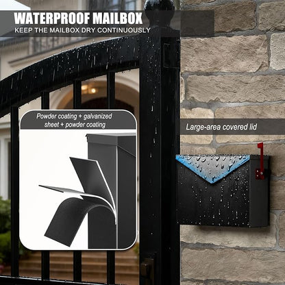 Large Capacity Wall Mount Mailbox with Outgoing Mail Flag, 14.2”x10.4”x4.3” Steel Mail Box for Outside, Rust-Proof Galvanized Steel Post Box, Quiet Stay-Open Lid Smooth Operation Mailboxes