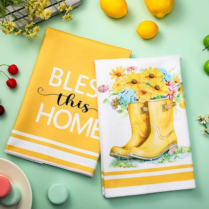 Boyiee Set of 6 Yellow Flower Kitchen Towels Decorative Floral Tea Towels