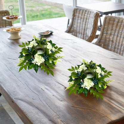 All Season Floral Arrangement Centerpiece for Table Glass Candle Holders with Artificial Hydrangea Flowers Blueberry Eucalyptus Leaves for Dining Room Indoor Outdoor Home Decor