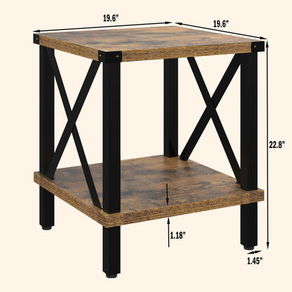 MMEOLUOOK Large End Table Farmhouse Side Table Industrial Style Sofa Table Coffee Table Metal X Accent Wood End Table NightStand with Storage Shelf for Living Room Bedroom MLBZ16R