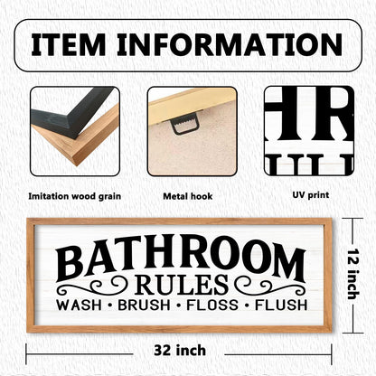 AuraPeak Bathroom Rules Wash Brush Floss Flush Wall Decor Funny Wooden Quote Sign Home Farmhouse Laundry Room Restroom Toilet Shelves Hanging Art Wall Decor (Wood White 32"×12")