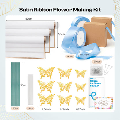 Caydo Sky Blue Ribbon Rose Bouquet for 2026 Graduation Gifts, 91PCS Ribbon Flower Making Kit with Floral Stem Wire, Wrapping Paper, Glue Stick, 3D Butterfly & Diamond Pins