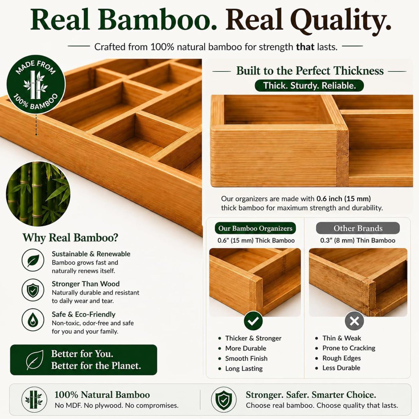 ABABIL Bamboo Drawer Organizer Set of 5, Wooden Storage Tray Inserts for Kitchen, Bathroom, Office, Makeup, Jewelry, Utensils, Desk Accessories and Vanity Drawers, Brown