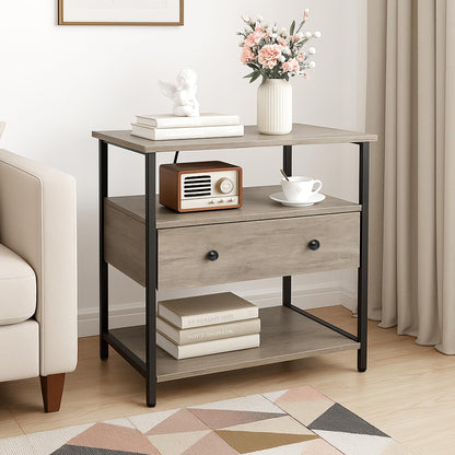 Edbuosy 27 Inch Wide Night Stand with Charging Station, Wood Nightstand with Open Shelf, Large Drawer Bedside Table for Living Room/Bedroom/Office (Rustic Gray)