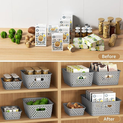 MaxGear 3 Pack Plastic Storage Baskets, Large, Grey | Durable Woven Plastic with Built-In Handles, Suitable for Shelves, Closets, Cabinets, Bathrooms and Offices
