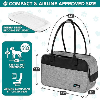 PetAmi Dog Purse Carrier for Small Dogs, Airline Approved Soft Sided Pet Carrier with Pockets, Ventilated Dog Carrying Bag for Puppy Cat, Dog Travel Supplies Bag, Sherpa Bed, Max 12 lbs, Gray