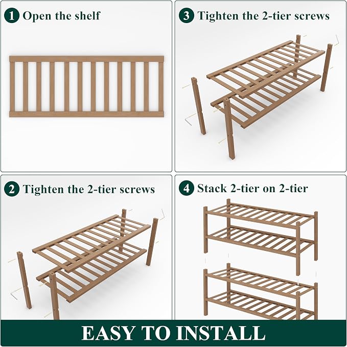 Smiry Bamboo Shoe Rack, 4 Tier Free Standing Wooden Shoe Organizer, Stackable Wood Shoe Storage Shelf for Closet, Entryway, 14 Vertical Slats, 2+2 Stack Heavy-Duty Legs, 26.8"x11"x26", Walnut