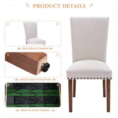 Upholstered Fabric Dining Chairs Set of 2, Parsons Dining Room Kitchen Side Chair with Nailhead Trim and Wood Legs - Beige