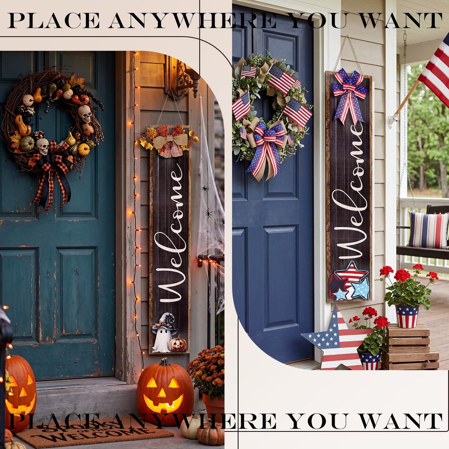Novabright Interchangeable Welcome Sign for Front Porch Standing, 45.3" x 8.7" Summer Wood Leaner Sign with 5 Seasonal Wreaths & 16 Changeable Icons, Farmhouse Outdoor Decor for Holiday(Black)