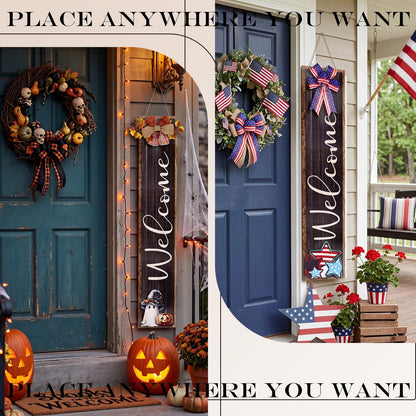 Novabright Interchangeable Welcome Sign for Front Porch Standing, 45.3" x 8.7" Summer Wood Leaner Sign with 5 Seasonal Wreaths & 16 Changeable Icons, Farmhouse Outdoor Decor for Holiday(Black)