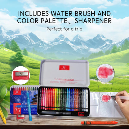 25 Colors Water-Soluble Pastel Crayons Set, Multi-Technique Art Kit with Brush & Palette, Versatile for Watercolor, Oil Pastel & Ink Effects, Easy Blending for Beginners, Sketching & Creative Drawing