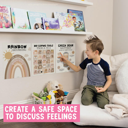 Hadley Designs 9 Calming Corner Posters for Classroom Must Haves - Calm Down Corner Supplies with Emotions Chart, School Counselor Mental Health Poster, Feelings Chart For Kids, Boho Classroom Decor