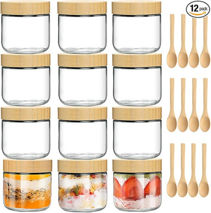 TBWIND 12 Pack 10oz Glass Jars with Bamboo Lids, Spoons, Airtight Overnight Oats Containers, Salad & Yogurt Storage, Mason Jars for Snacks, Spices, Meal Prep – Reusable