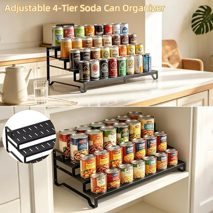 Attelite 4 Tier Expandable Can Rack Organizer for Pantry, Adjustable 13"-21" Metal Soda Can Organizer, Pantry Organization Canned Food Storage Holder for Kitchen Cabinet Countertop, Black 1Pack