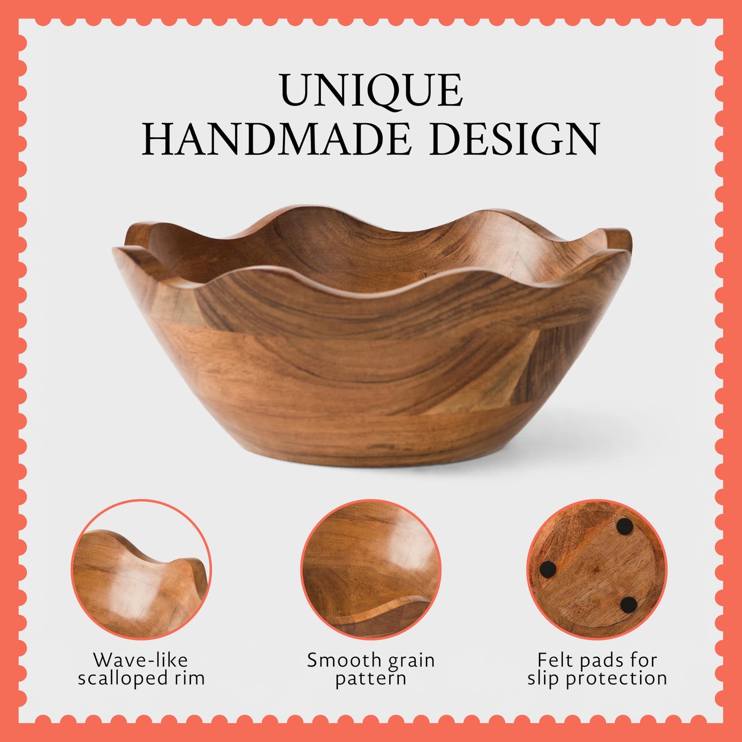 Mela Artisans 10 in Wide x 4 in Tall Scalloped Mango Wood Bowl – Hand-Carved Decorative Serving and Fruit Bowl with Visible Wood Grain for Kitchen Counter, Snacks, Bread and Home Decor