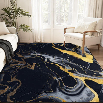 VTKON 5' x 7' Marble Area Rug for Living Room Bedroom Dining Room Black Gold Marble Rug Marble-Patterned Carpet Marbled Throw Rug for Kids Adults Washable Floor Mat Non-Slip Carpet Game Room Decor