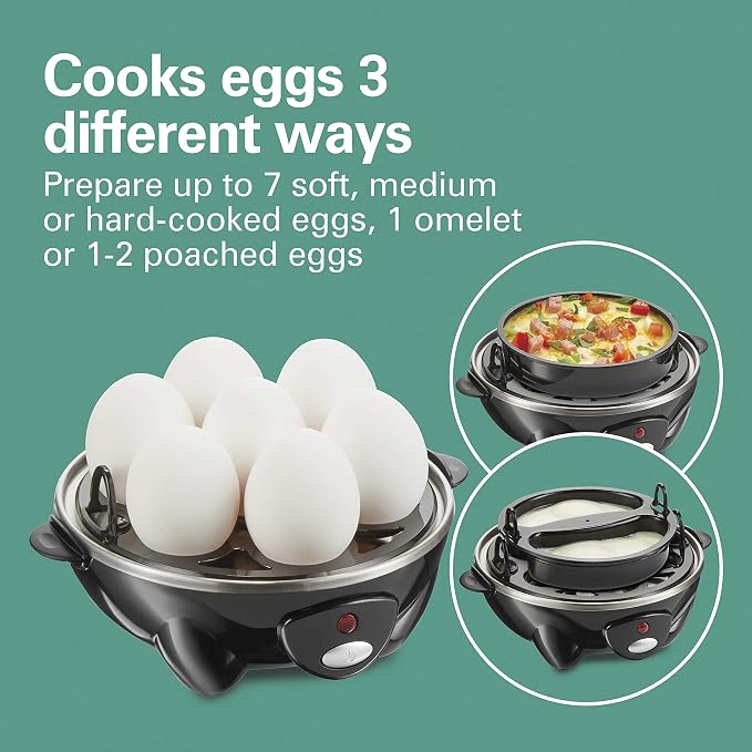 Hamilton Beach 3-in-1 Electric Egg Cooker for Hard Boiled Eggs, Poacher Eggs, Omelet Maker & Vegetable Steamer, Holds 7, Black (25507) (Pack of 2)