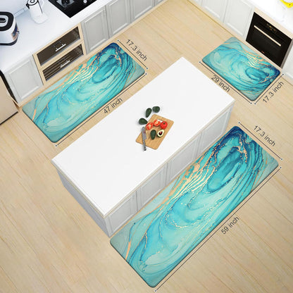 MAYHMYO Kitchen Rugs and Mats Set of 2 Teal Marble Gold Anti Fatigue Mat PVC Non Slip Turquoise Foam Cushioned Kitchen Mats for Floor Dining Room Home Office Sink Laundry