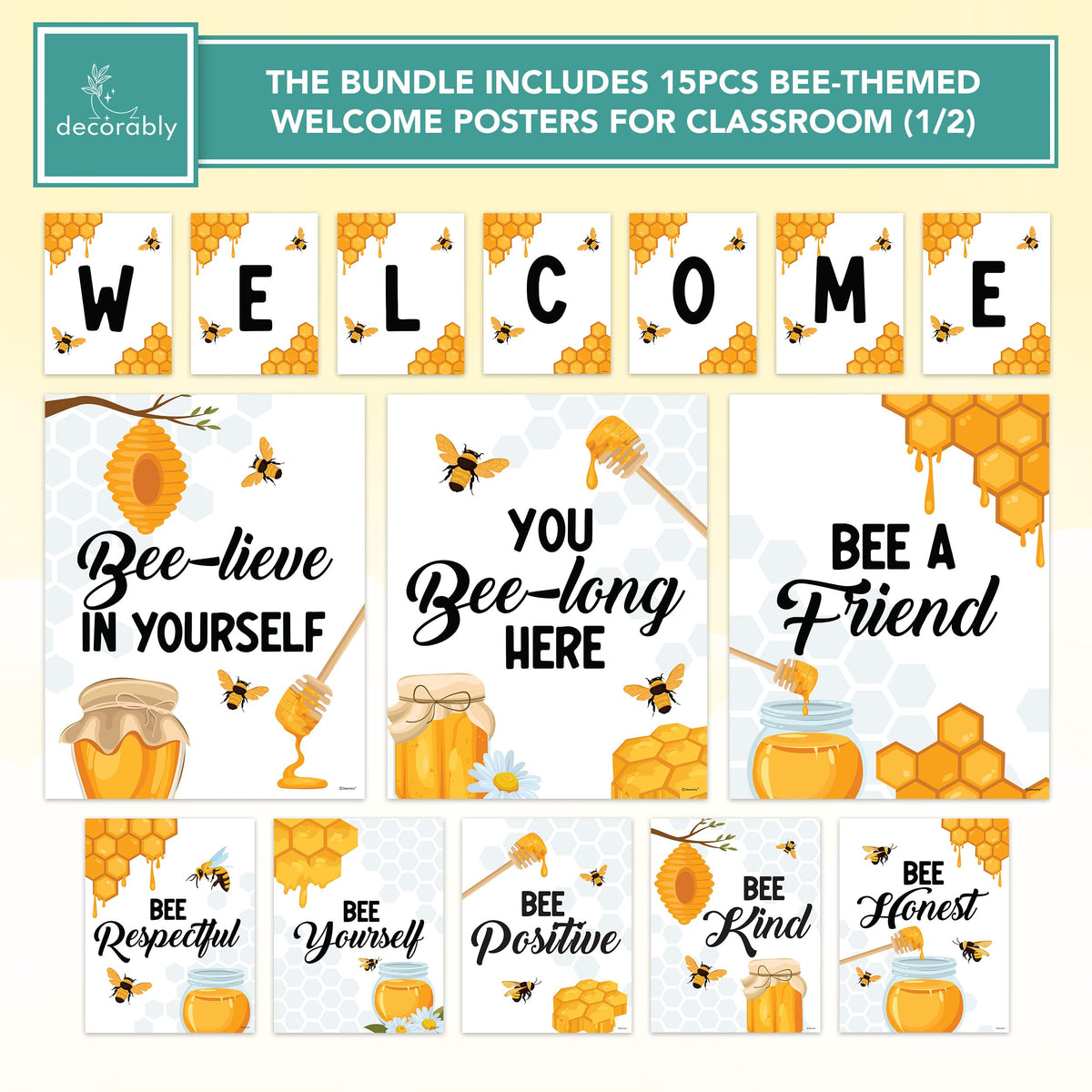Decorably Bee-Themed Welcome Posters and Bulletin Board Decorations Set for Classroom