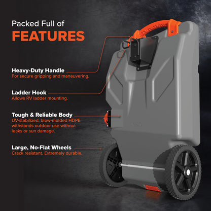 Camco Rhino 36-Gallon Camper/RV Tote Tank - Features Large Heavy-Duty No-Flat Wheels & Built-In Gate Valve - Removable Steel Tow Adapter, 3’ Sewer Hose & More RV Accessories (39006)