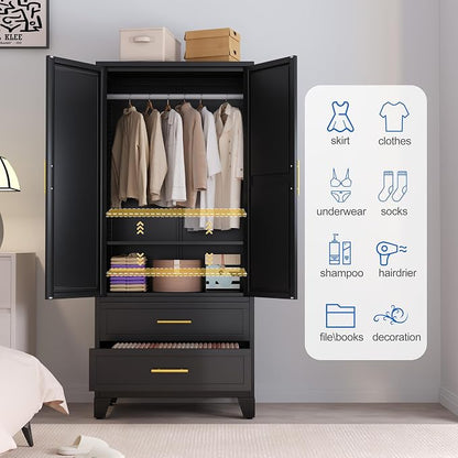 GAIOUS Steel Armoire Wardrobe Closet with Mirror and 2 Drawers 71" Black | Clothes Storage Cabinets with 2 Doors, 1 Adjustable Shelf, Metal Wardrobe Cabinet with Hanging Rod for Bedroom, Gym, Cloak
