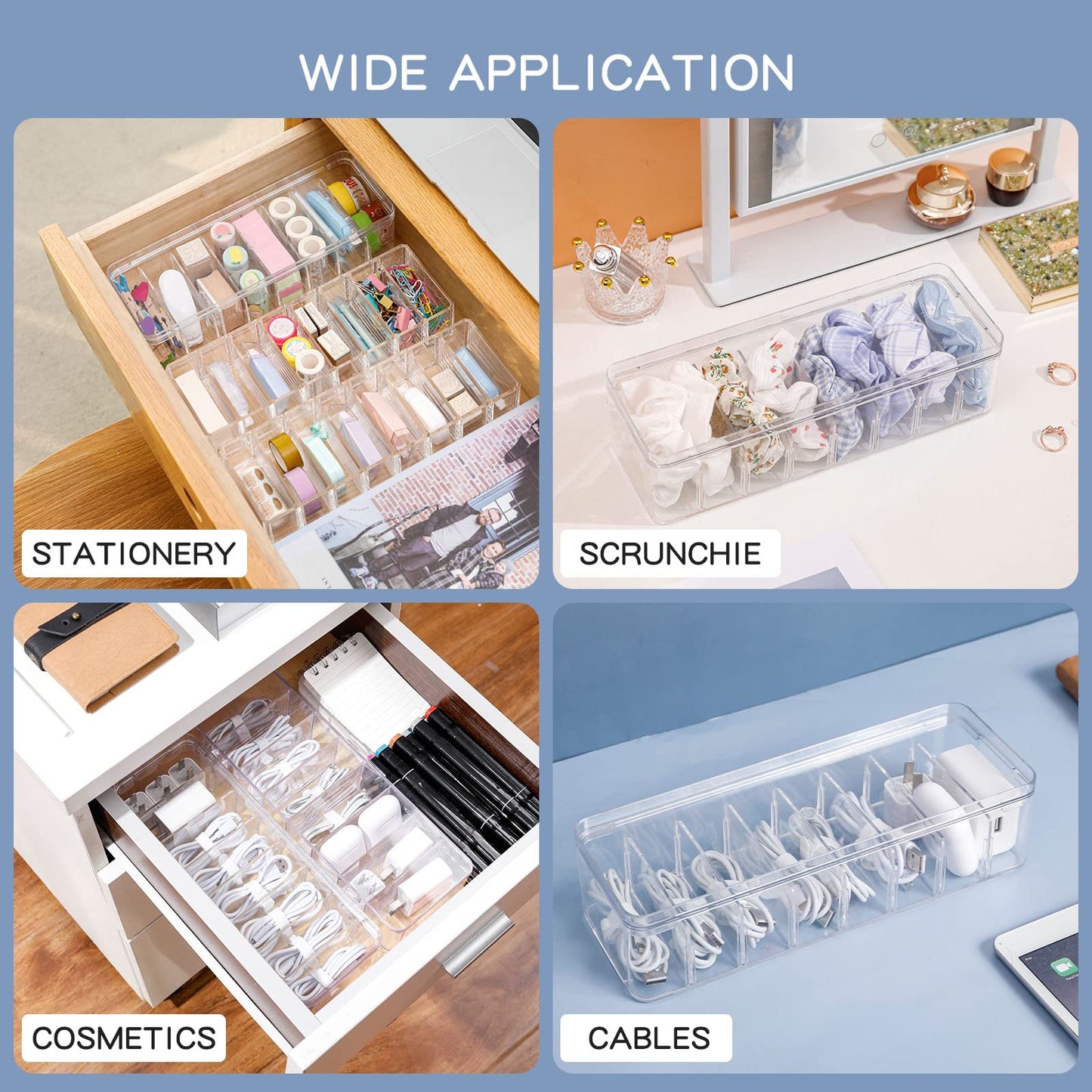Yesesion 2pcs Clear Plastic Cable Organizer Boxes with Adjustment Compartments, Desk Accessories Storage Case with Lid and 20 Wire Ties for Drawer, Office Supply, Electronic Management