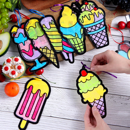 Eersida 32 Sets Summer Craft Set, Summer Ice Cream DIY Stained Glass Tissue Paper Kits SunCatcher Kits for Window Activities Art Home Boys Girls Birthday Party Decorations Favors Gift